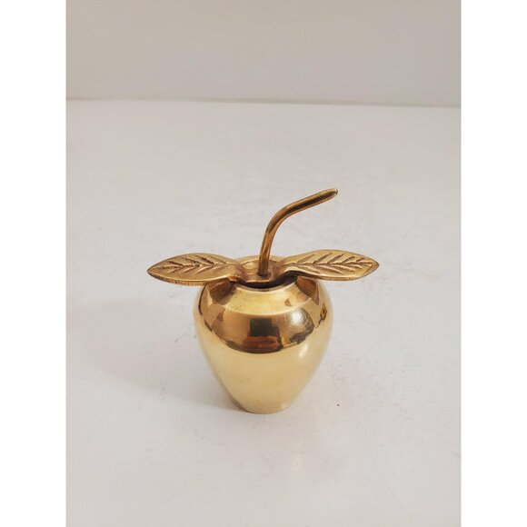 Small Vintage Brass Apple with Stem and Leaf - Picture 2 of 10